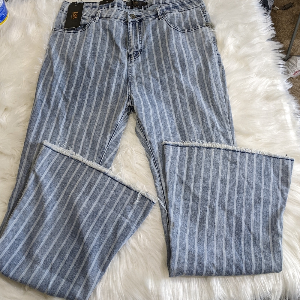 Lucky & Blessed Blue and White Vertical Stripe Wide Leg Jeans